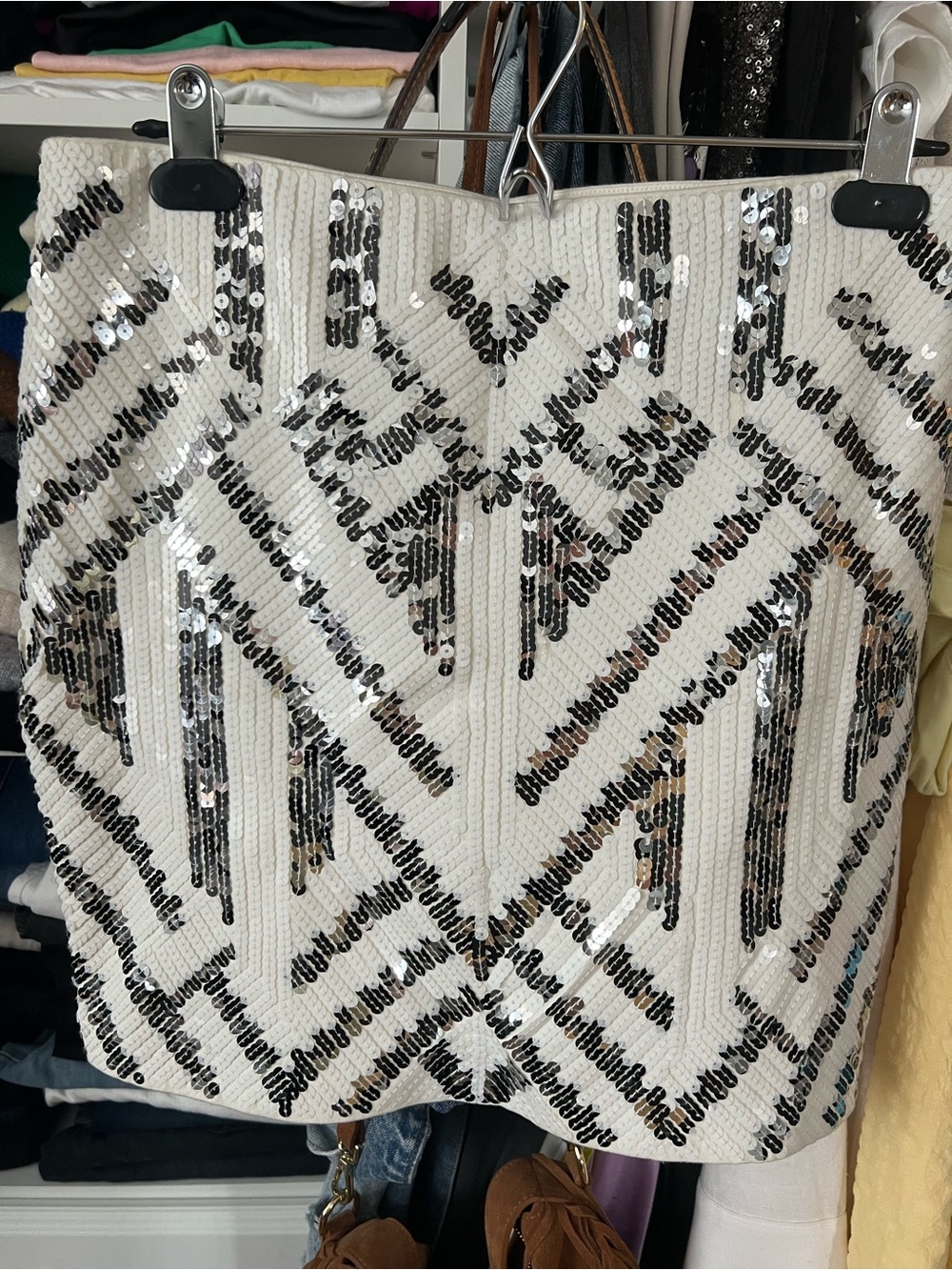 Express White/Cream Mini Skirt with Silver Sequin Geometric Design